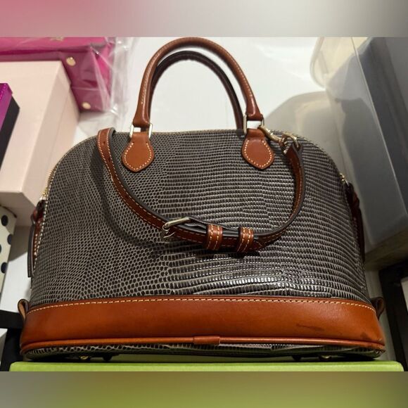 Dooney & Bourke Lizard Embossed Satchel Gray Brown Bag w/ Strap 12”x9” Like New - Picture 8 of 17